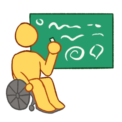 A digitally drawn image of a wheelchair user holding chalk and sitting next to a chalkboard.